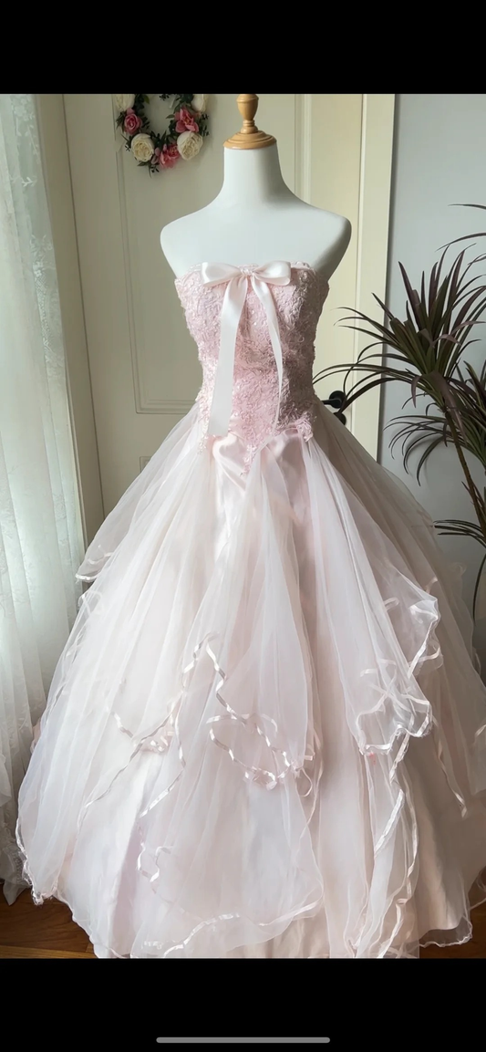 Sweet 15 Quinceanera Dress Ball Gown Strapless Pink Tulle With Lace Layers Long 16th Birthday Outfits RC0653