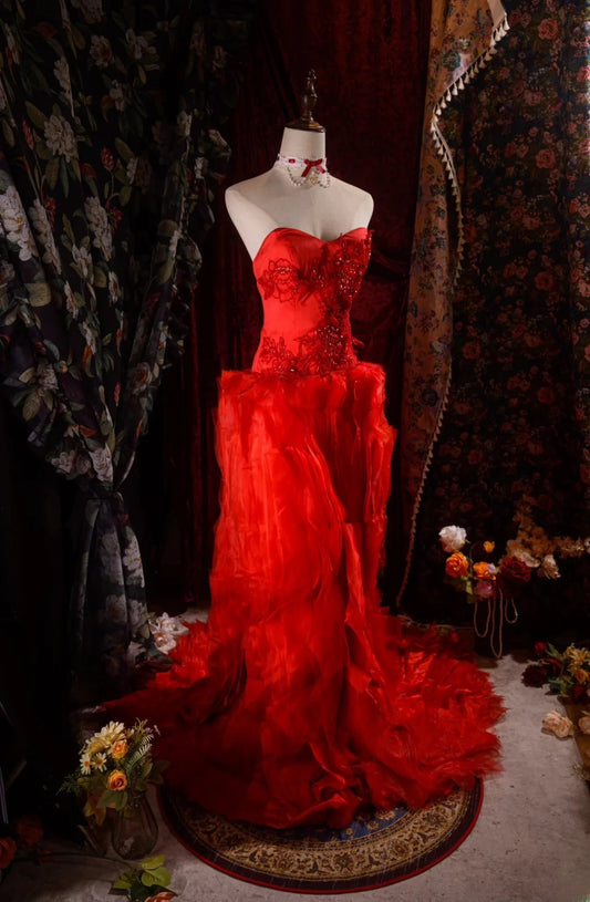 Chic Sheath Strapless Red Tulle With Beaded Crystals High School Dances Prom Dresses Formal Outfits Evening Gown RB8557
