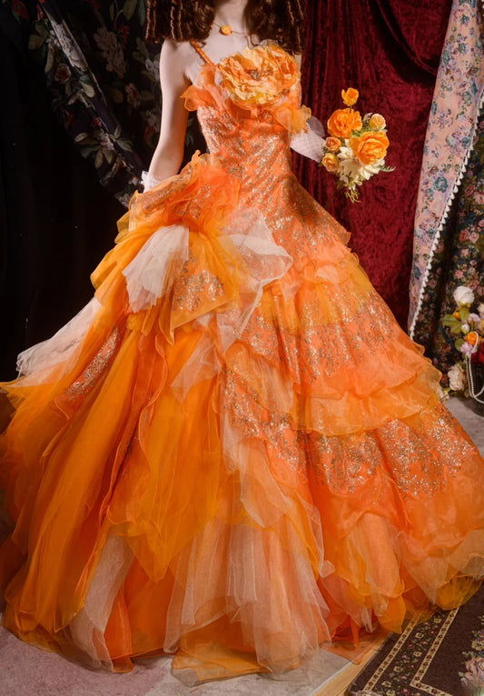 Timeless Ball Gown Formal Events Spaghetti Straps Orange With Tiered Layers Quince Dress Long Quinceanera Dresses Birthday Outfits RB8558