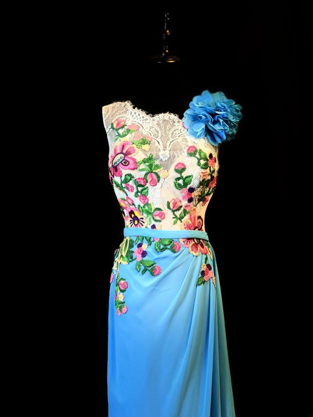 Charming Prom Dresses A Line Blue Chiffon Floral Long Party Gown Formal Outfits RB6165