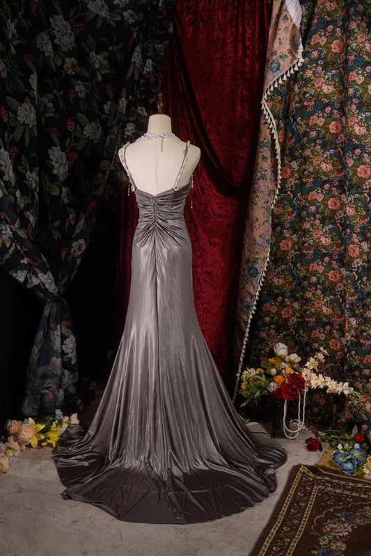 Chic Mermaid Halter Gray With Beaded Straps High School Dances Prom Dresses Formal Outfits Evening Gown RB8560