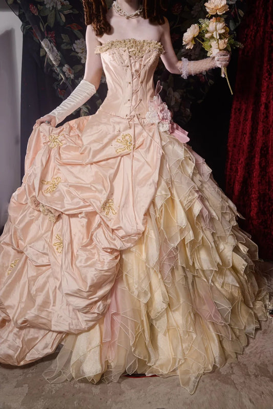 Cute Ball Gown Formal Events Strapless Pink Chiffon With Gold Appliqued Quince Dress Quinceanera Dresses Birthday Outfits RB8561
