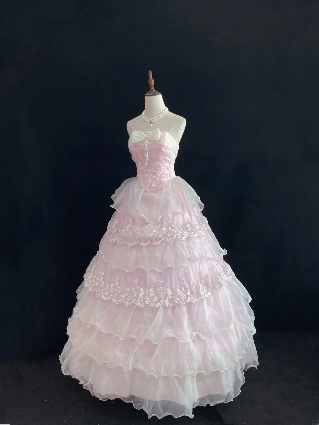 Dream Ball Gown Strapless Pink Lace Poofy Long With Organza Tiered Layers Quince Dress inspo Quinceanera Dresses Sweet 15 16 Outfits RB7782
