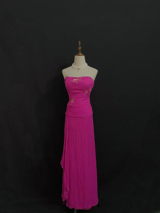 Vintage Sheath Strapless Fuchsia Chiffon With Beading Crystals Long Prom Dresses Formal Outfit Evening Night Dress RB7788