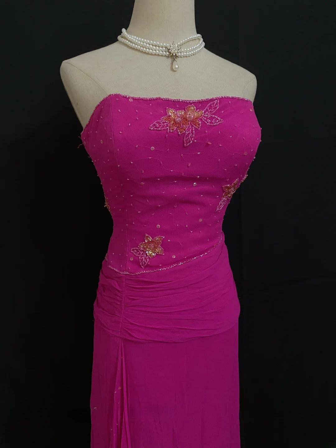 Vintage Sheath Strapless Fuchsia Chiffon With Beading Crystals Long Prom Dresses Formal Outfit Evening Night Dress RB7788