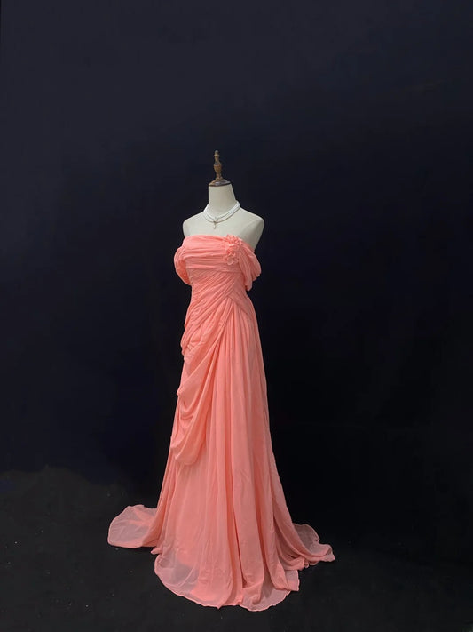 Vintage Sheath Off The Shoulder Coral Pink Chiffon With Sleeves Long Prom Dresses Formal Outfit Evening Night Dress RB7789
