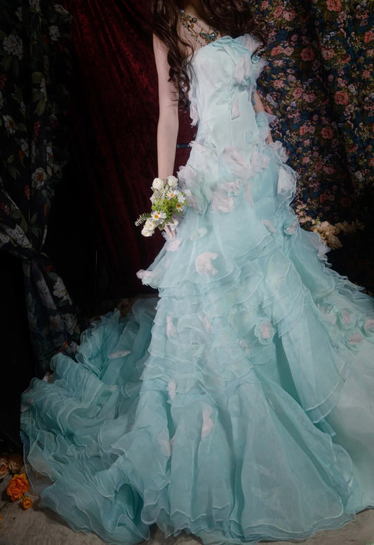 Chic Mermaid Strapless Blue With Tiered Layers High School Dances Prom Dresses Formal Outfits Evening Gown RB8568