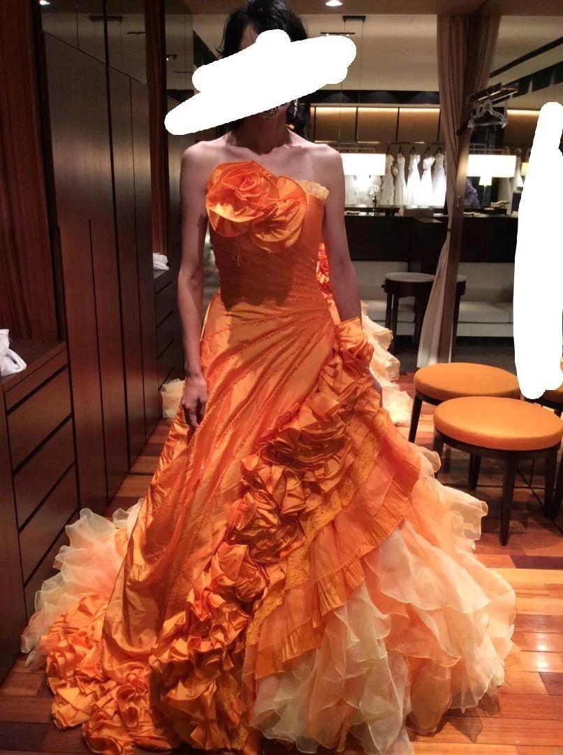 Orange Tiered Layers Strapless Tulle Satin Sweet 16 Dress Ball Gown Sweet Sixteen Dress RC0056