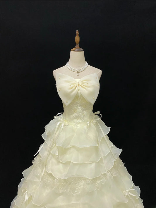 Princess Ball Gown Strapless Yellow Poofy Long With Ruffled Lace Quince Dress inspo Quinceanera Dresses Sweet 15 16 Outfits RB7805