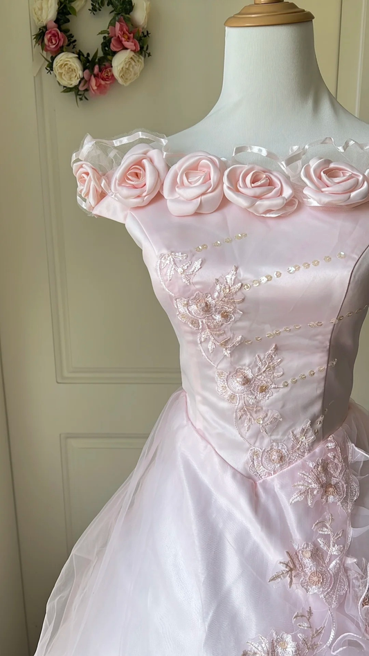 Sweet 15 Quinceanera Dress Ball Gown Off The Shoulder Pink With Flowers Lace Long 16th Birthday Outfits RC0676
