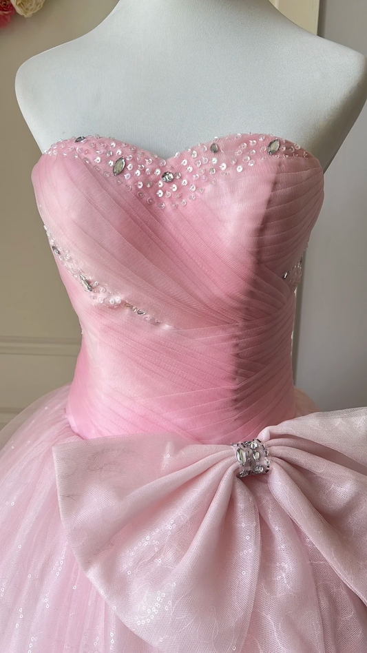 Cute Sweet 16 Dress Long Sweetheart Pink With Bow-knot Tulle Ball Gown Sweet Sixteen Party Birthday Dresses RC0680