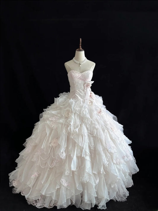 Luxury Ball Gown Sweetheart Light Pink Poofy Long With Ruffled Tiered Flowers Quince Dress inspo Quinceanera Dresses Sweet 15 16 Outfits RB7815
