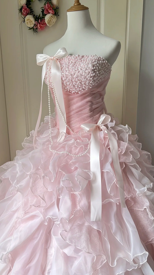 Sweet 15 Quinceanera Dress Ball Gown Strapless Pink With Tiered Layers Long 16th Birthday Outfits RC0685