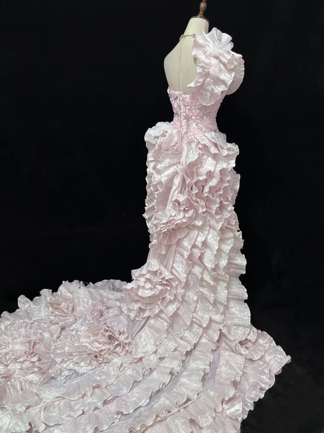 Vintage 90s A Line One Shoulder Pink With Tiered Ruffled Long Prom Dresses Formal Outfit Evening Night Dress RB7820