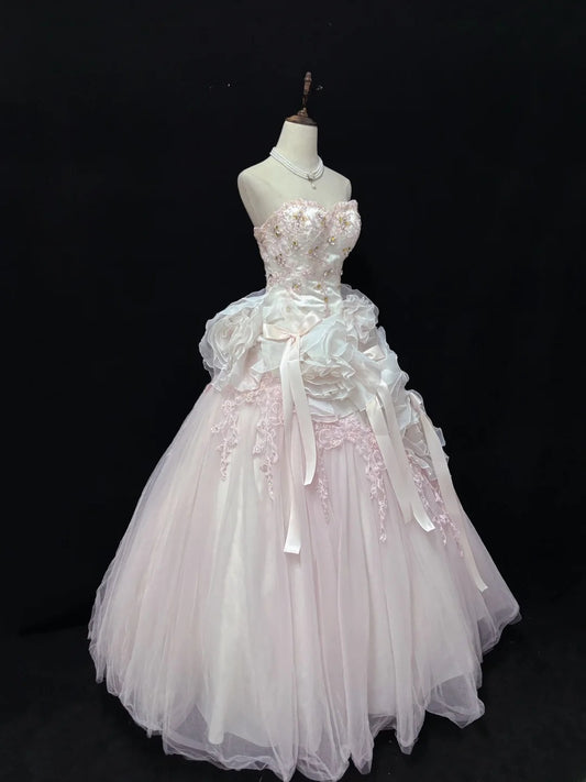 Beautiful Ball Gown Sweetheart Poofy Long With Ruffled 3D Flowers Lace Pink Quince Dress inspo Quinceanera Dresses Sweet 15 16 Outfits RB7824