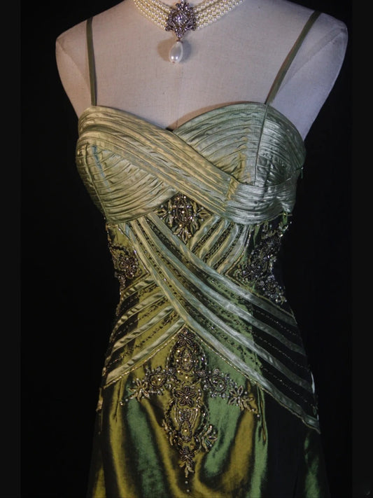 Retro 60s A line Spaghetti Straps Olive Green Satin With Ruffled Beads Slit Long Prom Dresses Inspo 22th Birthday Outfit Formal Gown AS374