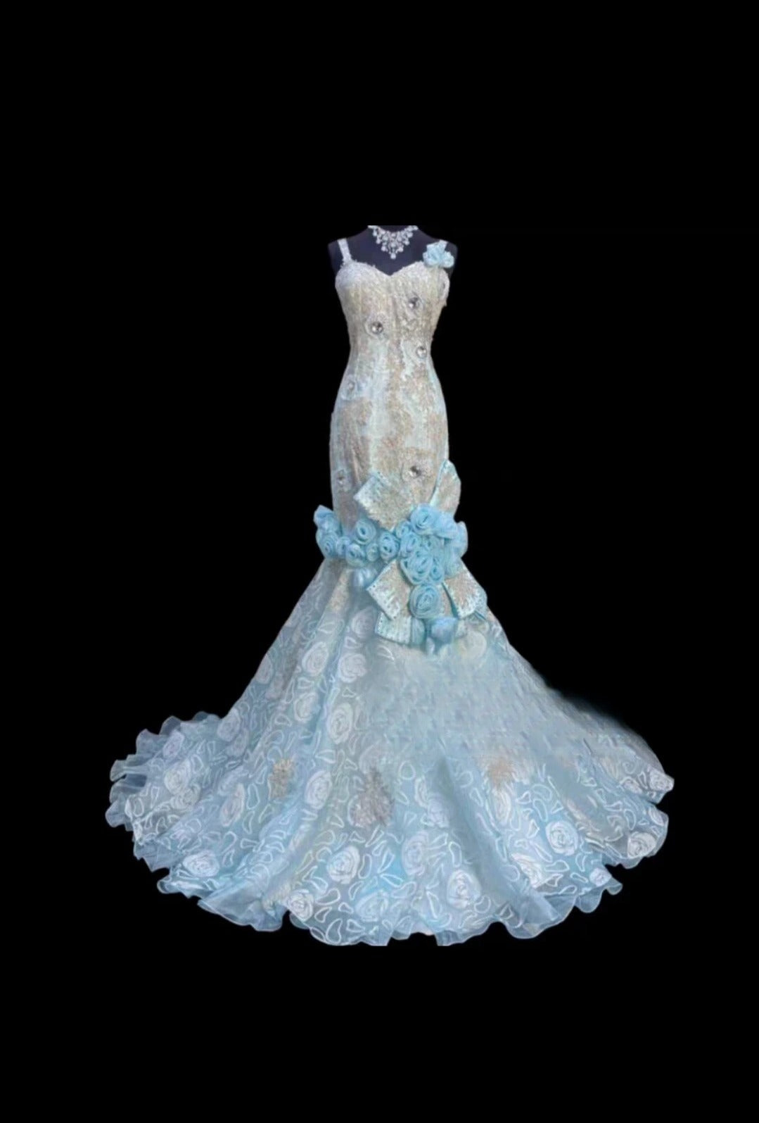 Blue Prom Dress Inspo Mermaid Straps Lace With Flowers Modest Long Formal Party Gown RC0063