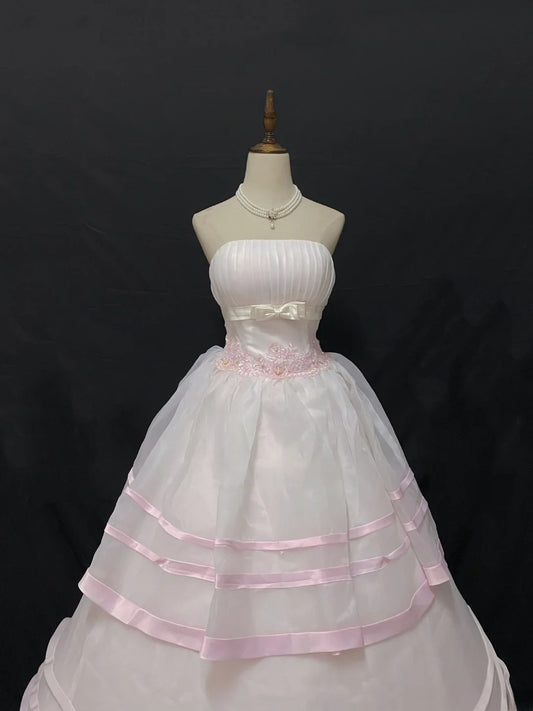 Fairytale Ball Gown Strapless Tulle Long Light Pink With Lace Quince Dress inspo Quinceanera Dresses Sweet 15 16 Outfits RB7836