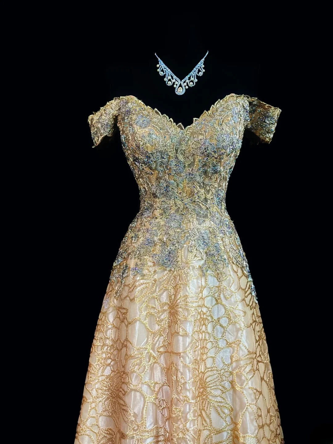 Vintage 2000s Prom Dresses A line Off The Shoulder Gold Lace With Zipper Back Long Party Formal Outfits RB6207