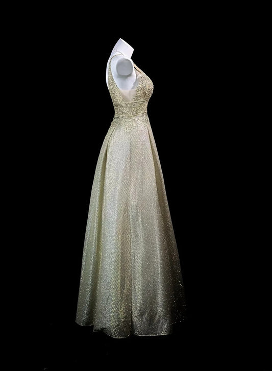 Vintage 2000s Prom Dresses A line V Neck Gold Sequined Lace Long Party Formal Outfits RB6215