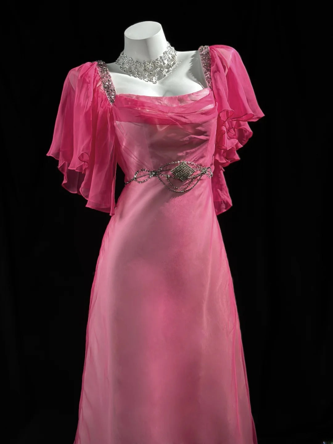 Classy Prom Dresses A Line Square Neck Pink Chiffon 1950s Retro Classy Party Formal Outfits RB6220