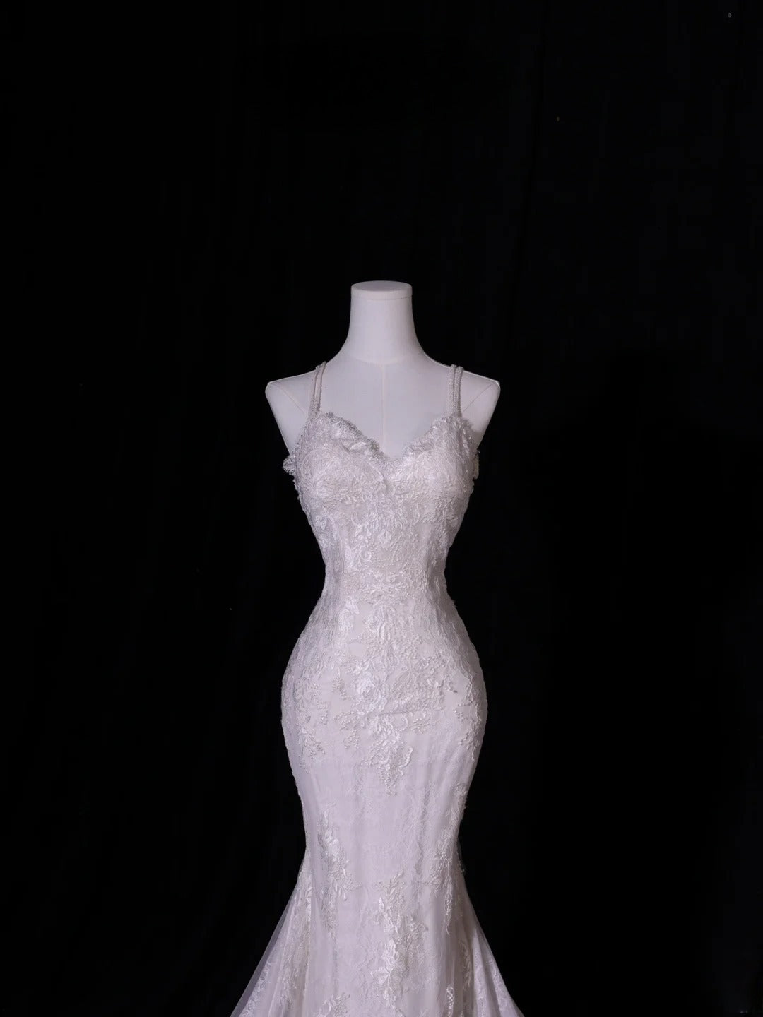 Robe de mariée sirène classique en tulle et dentelle, bretelles spaghetti, coupe ajustée, disponible en tailles petites et grandes (AS412)