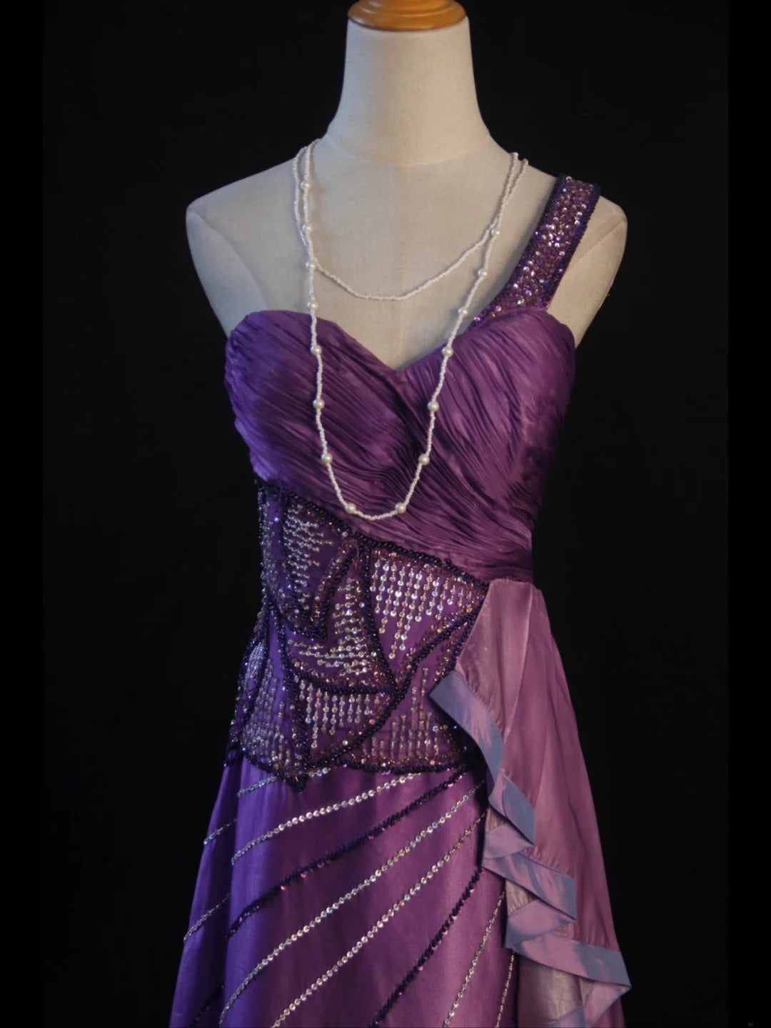 Vintage A Line One Shoulder Purple 1950s With Pleated Ruffled Beaded Bodice Long Prom Dresses Inspo Birthday Outfit Formal Gown AS415