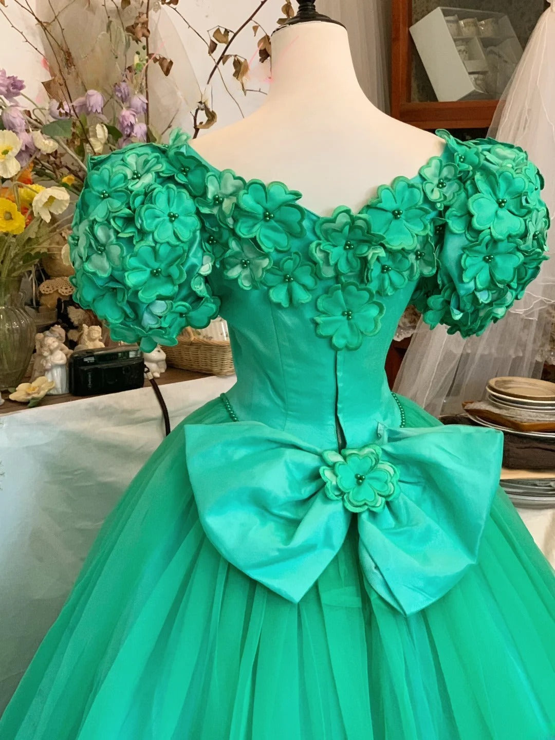 Sweet 16 Dress Ballgown V Neck Green WIth Flowers Sweet Sixteen Dress With Flowers RB9430