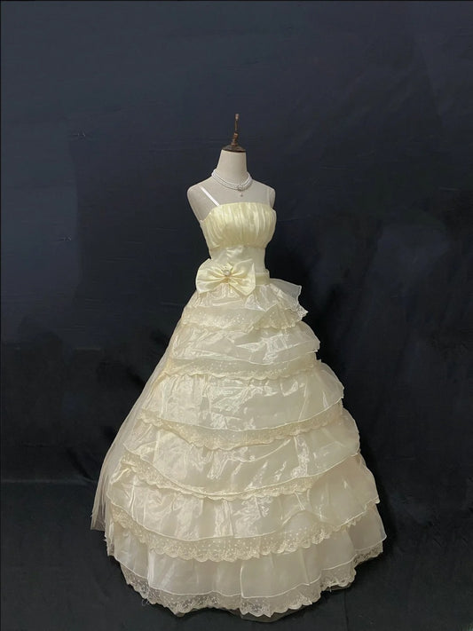 Princess Vibes Ball Gown Strapless Yellow Organza Long With Tiered Ruffled Corset Fitted Back Quince Dress inspo Quinceanera Dresses Sweet 16 Outfit RB7879