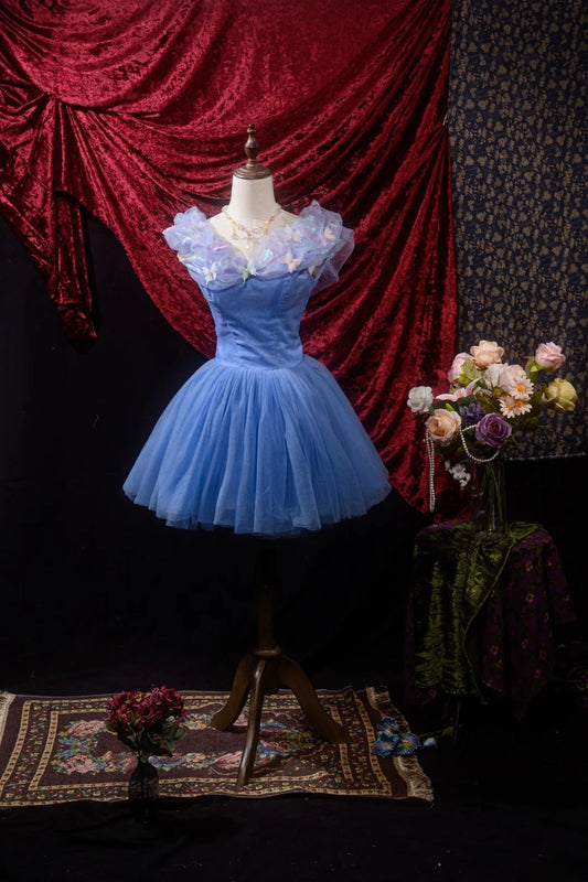 Süßes Ballkleid mit V-Ausschnitt, blauem Tüll, kurzes Quinceañera-Kleid, Homecoming-Kleider, Inspo, Geburtstag, Hoco-Outfits RB8613