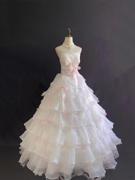 Princess Vibes Ball Gown Strapless Light Pink Organza Long With Lace Bow Quince Dress inspo Quinceanera Dresses Sweet 16 Outfit RB7882