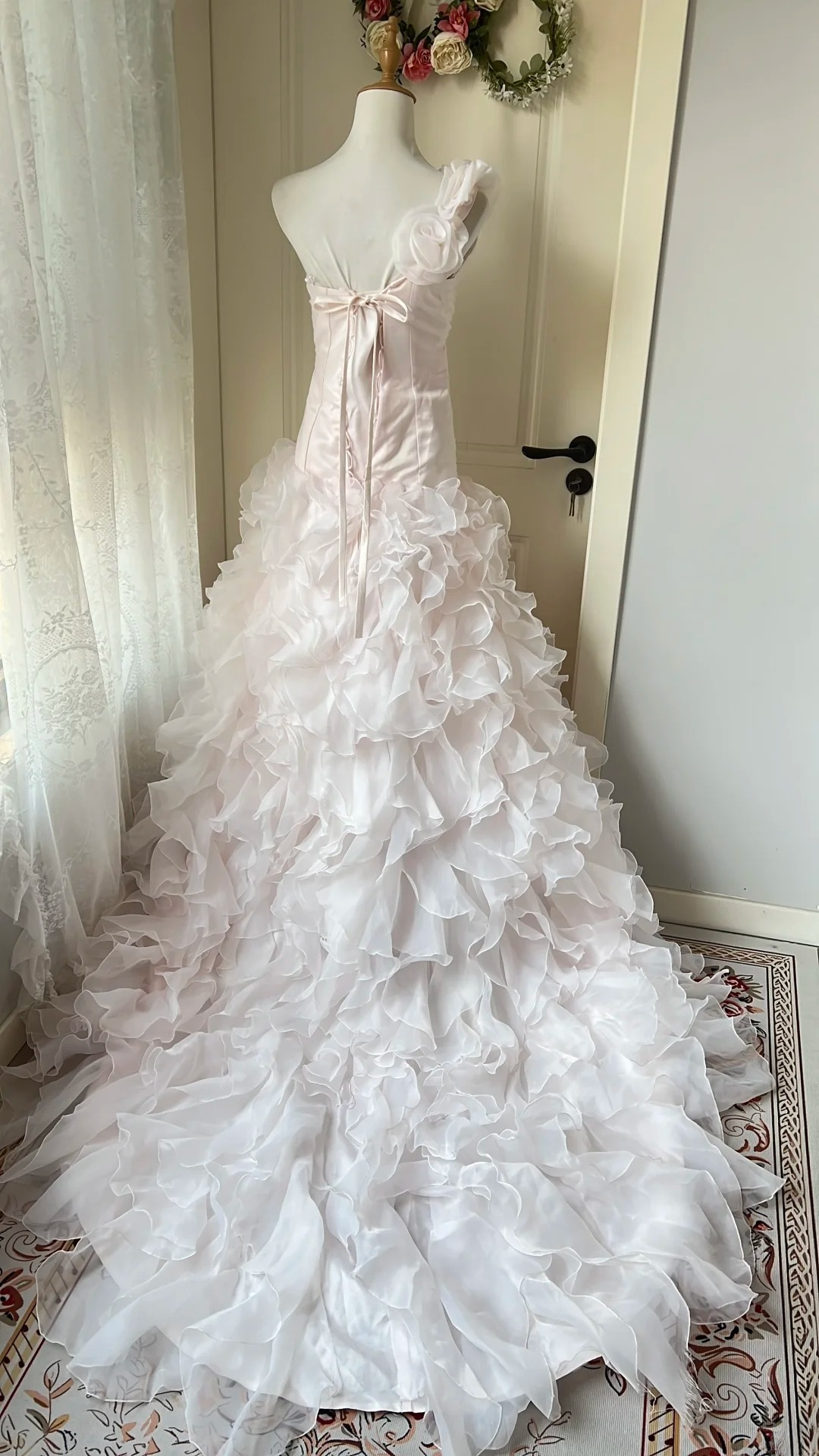 Modest Prom Dresses Mermaid One Shoulder Pink With Tiered Layers Long Evening Outfits RC0748