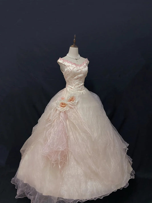 Cute Ball Gown V Neck Pink Tulle Long With Flowers Quince Dress inspo Quinceanera Dresses Formal 18th Birthday Outfit RB7900