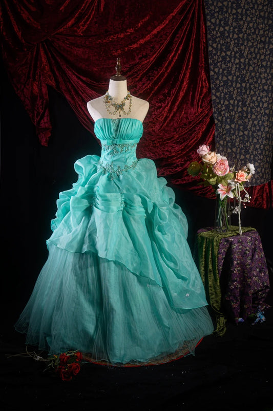 Hübsches trägerloses blaues Quinceanera-Ballkleid mit Applikationen für die Feier zum 15. Geburtstag, formelles Kleid RB8623