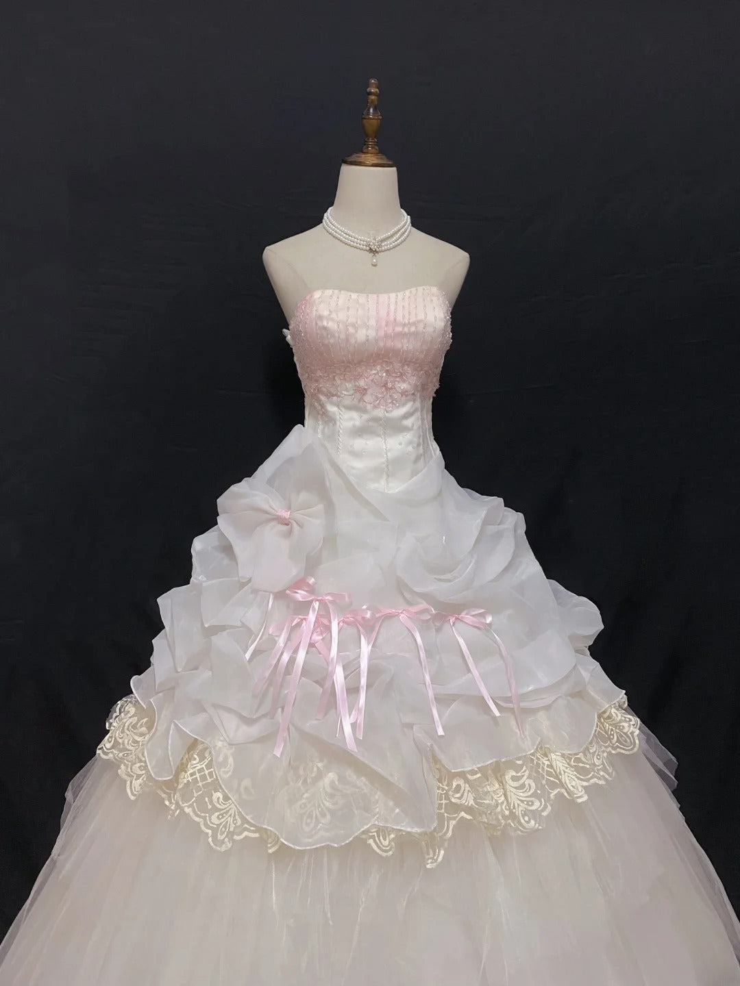 Aesthetic Ball Gown Strapless Pink Tulle Long With Tiered Layers Appliqued Quince Dress inspo Quinceanera Dresses Formal 18th Birthday Outfit RB7909