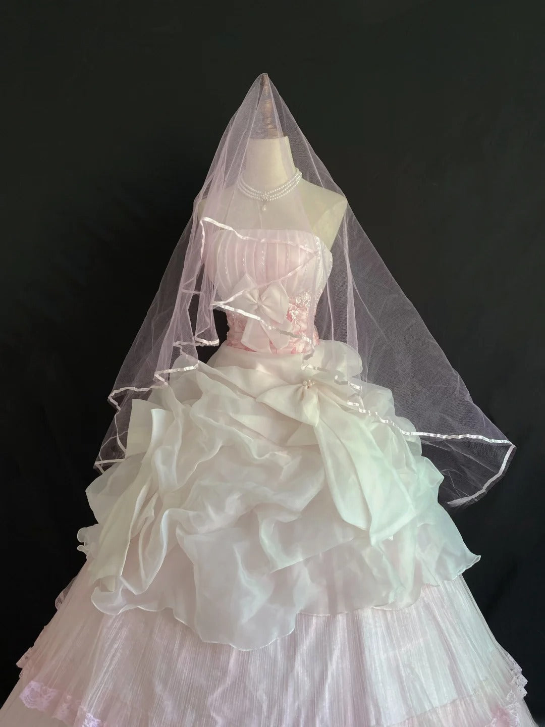 Aesthetic Ball Gown Strapless Pink Tulle Lace Long With Tiered Layers Wedding Veil Quince Dress inspo Quinceanera Dresses Formal 18th Birthday Outfit RB7912