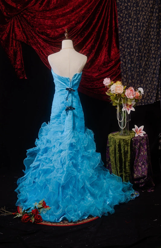 Classic Mermaid Sweetheart Blue Tulle Sweet 16 Long Prom Dress Inspiration Party Senior Dance Prom Dresses RB8628