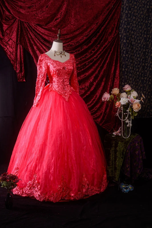 Wunderschönes rotes Tüll-Ballkleid für die Quinceanera mit langen Ärmeln für den 15. Geburtstag, formelles Kleid RB8632