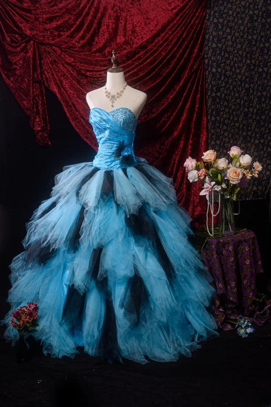 Pretty Ball Gown Blue Black Tulle Quinceanera Dresses Sweetheart For Sweet 15 15 Anos Gown Formal Outfits RB8633