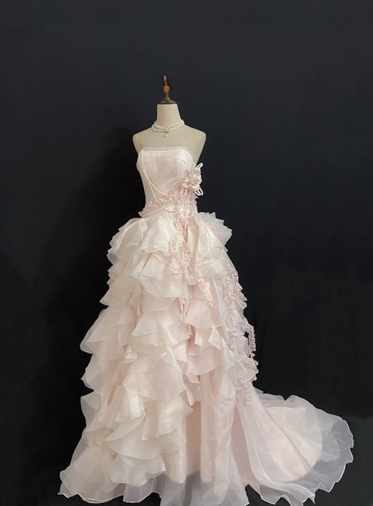 Princesses Fairytale Ball Gown Strapless Light Pink Long With Tiered Layers Long Quince Dress Quinceanera Dresses Formal Birthday Outfits RB7941