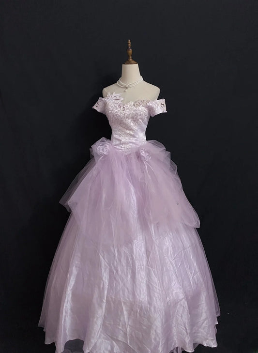 Princesses Fairytale Ball Gown Off The Shoulder Lilac With Flowers Lace Quince Dress Quinceanera Dresses Formal 16th Birthday Outfit RB7945