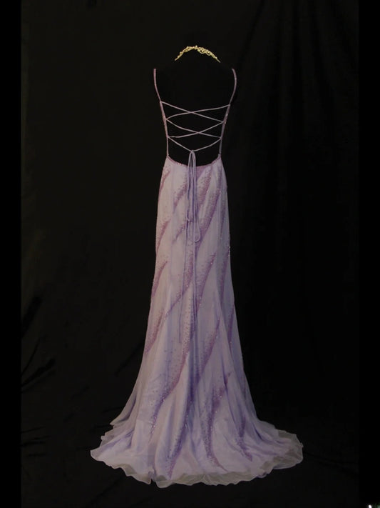 Vintage A-Linien-Kleid mit Spaghettiträgern, lila, rückenfrei, Chiffon, 90er-Jahre-Stil, mit Perlen, Inspiration für den 19. Geburtstag, formelles Kleid für Damen AS497