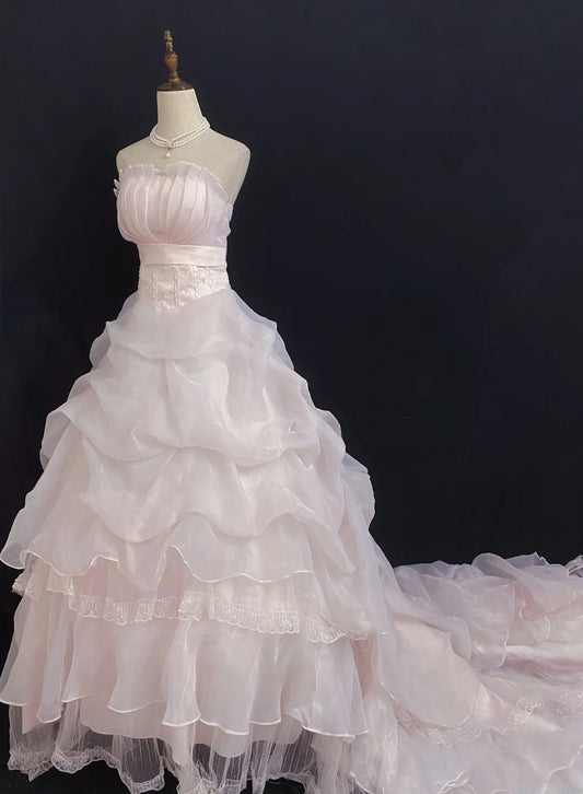 Princesses Fairytale Ball Gown Strapless Tulle Pink Lace Long With Train Quince Dress Quinceanera Dresses Formal Birthday Outfits RB7969