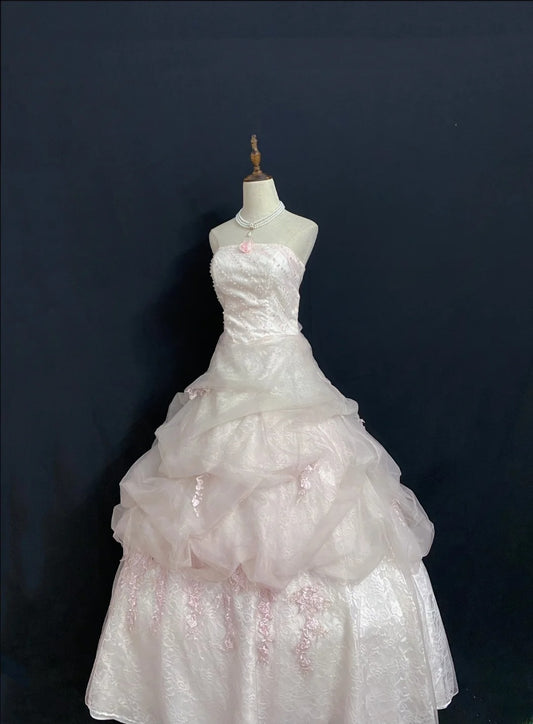 Princesses Fairytale Ball Gown Strapless Tulle Light Pink Long With Beading Quince Dress Quinceanera Dresses Formal Birthday Outfits RB7975