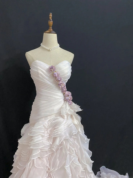 Vintage 80s Mermaid Sweetheart Light Pink Chiffon With Flowers Tiered Brides Gown Bridal Dress Wedding Dresses RB7988