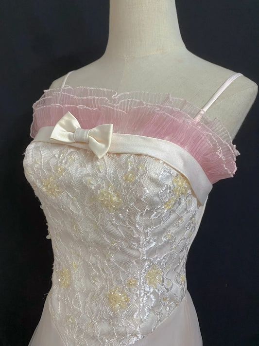 Vintage 80s A Line Spaghetti Straps Pink Tulle Lace Prom Dresses Formal Outfits Evening Night Dress RB7999
