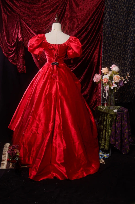 Süßes Ballkleid aus rotem Satin mit Ärmeln, langes Abschlussballkleid für Sweet 15, Quinceañera-Kleid, festliche Kleidung RB8654