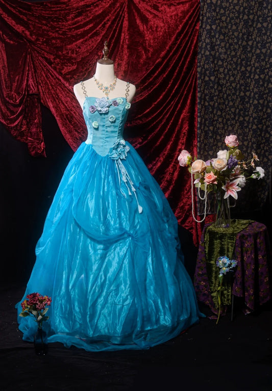 Ball Gown Spaghetti Straps Blue Tulle Long Vintage 2000s Prom Dress Inspiration Party Senior Dance Formal Dresses RB8659
