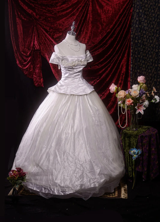 Vintage Ballkleid schulterfrei Weiß 2000er mit Blumen lang Herbst Winter Brautkleid Hochzeitskleider RB8773
