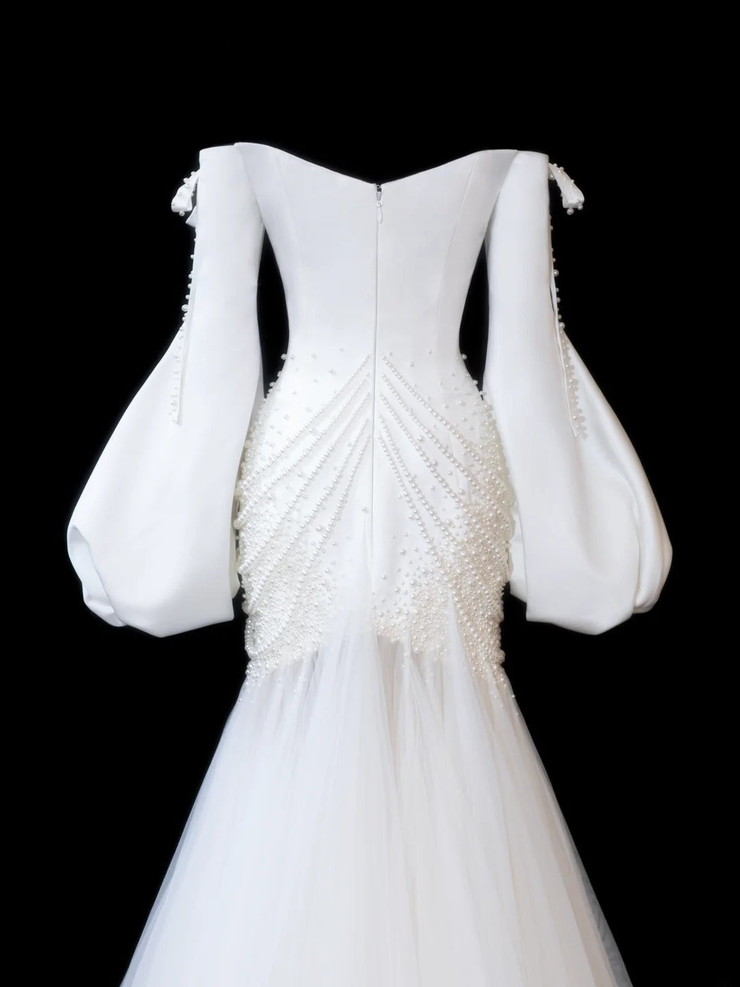 Zeitloses Meerjungfrauen-Brautkleid für Damen, schulterfrei, lange Ärmel, weißer Satin mit Perlen, tailliert, Vintage-Stil der 1920er Jahre, AS597